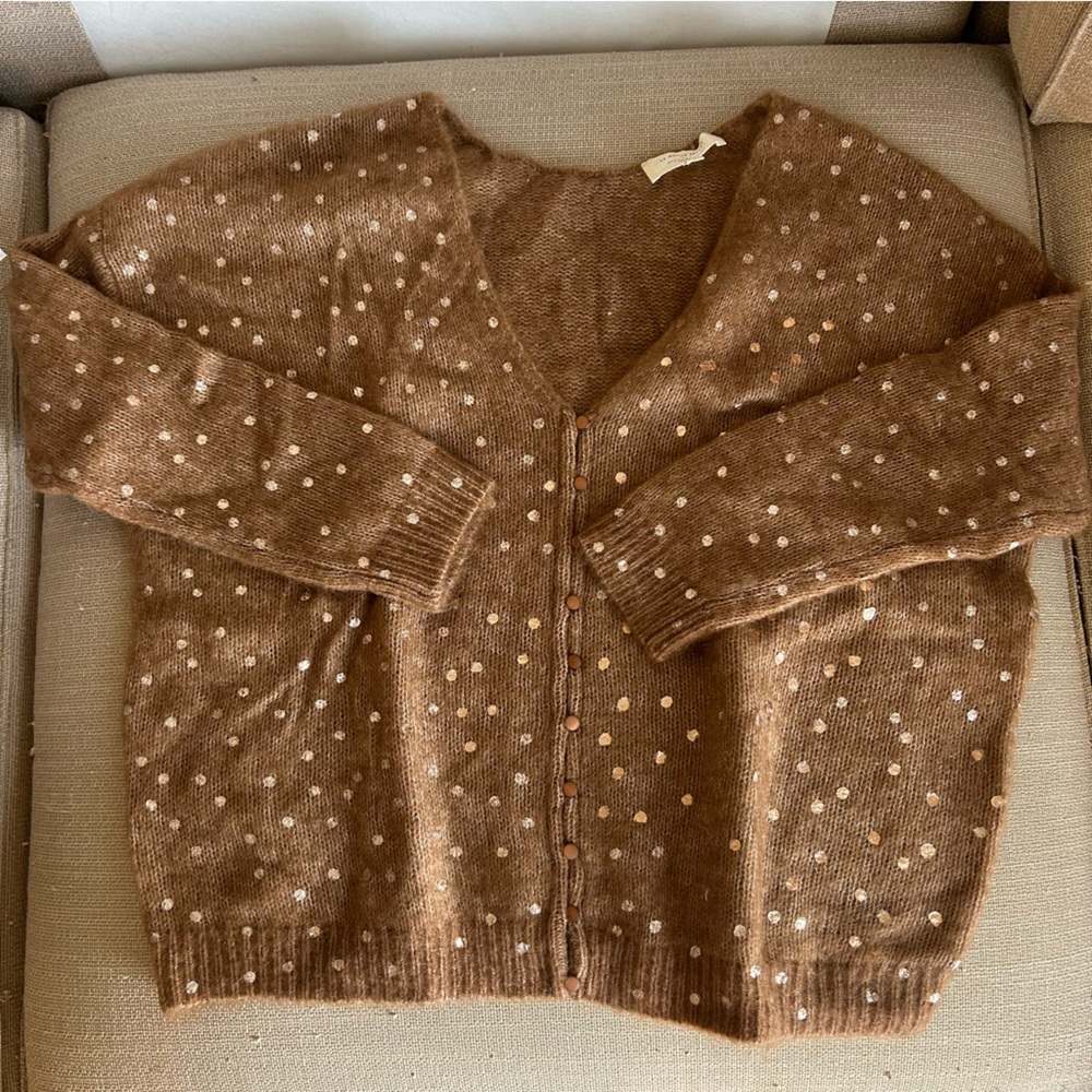 BEST Sezane Lizy Cardigan Camel Gold Polka Dot French Wool Causal - Picture 5 of 9
